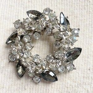 Rhinestone Wreath Brooch Flower And Leaf Motif Round And Marquise Stones